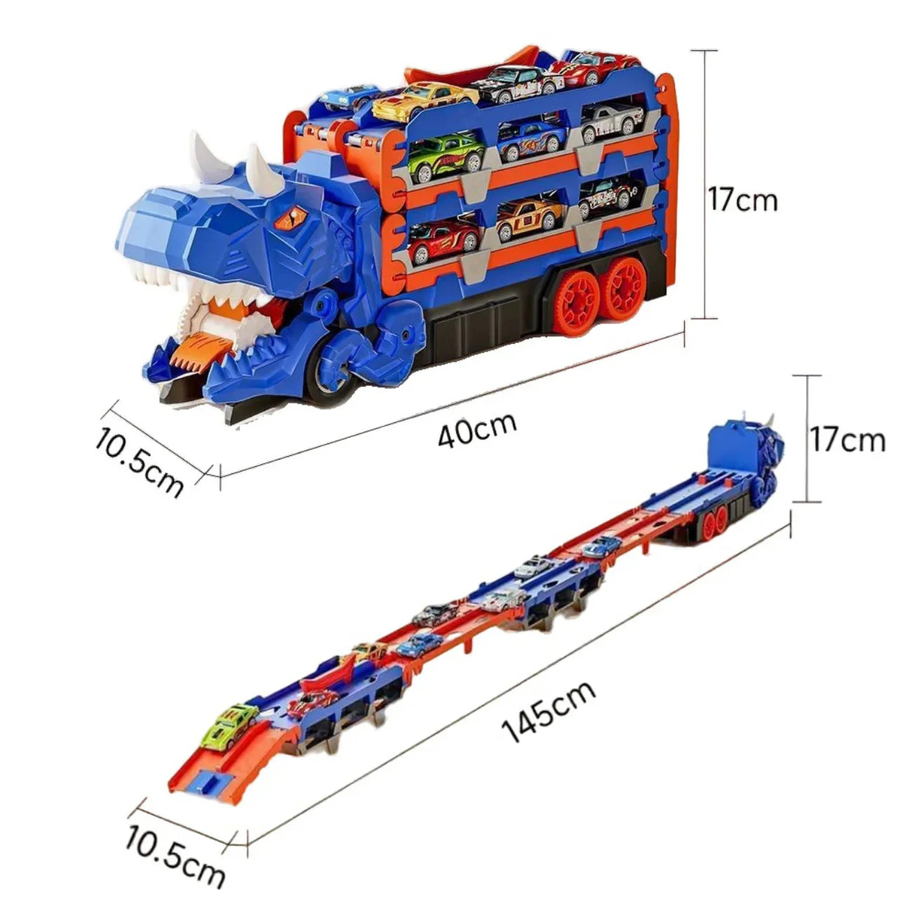 Caminhão Cegonha Brinquedo Dinossauro REX Devorador com Pista de Lançamento 3 em 1