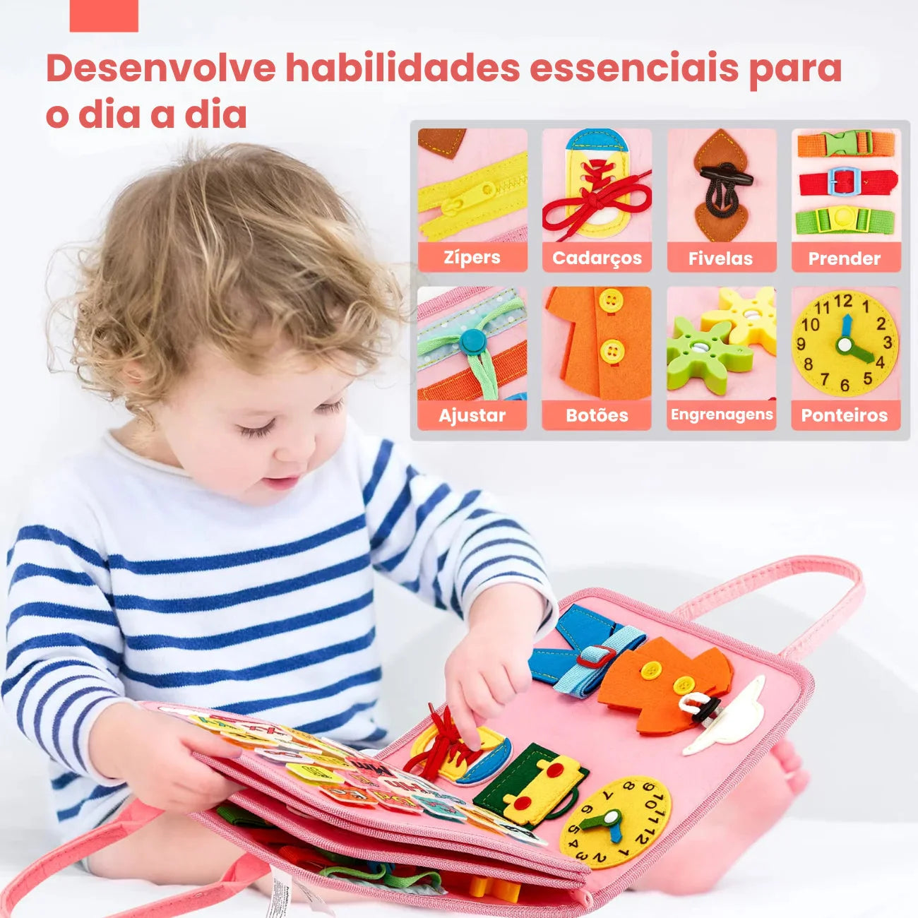 Livro Interativo Infantil Sensorial de Feltro Quiet Book 7 em 1 Montessori