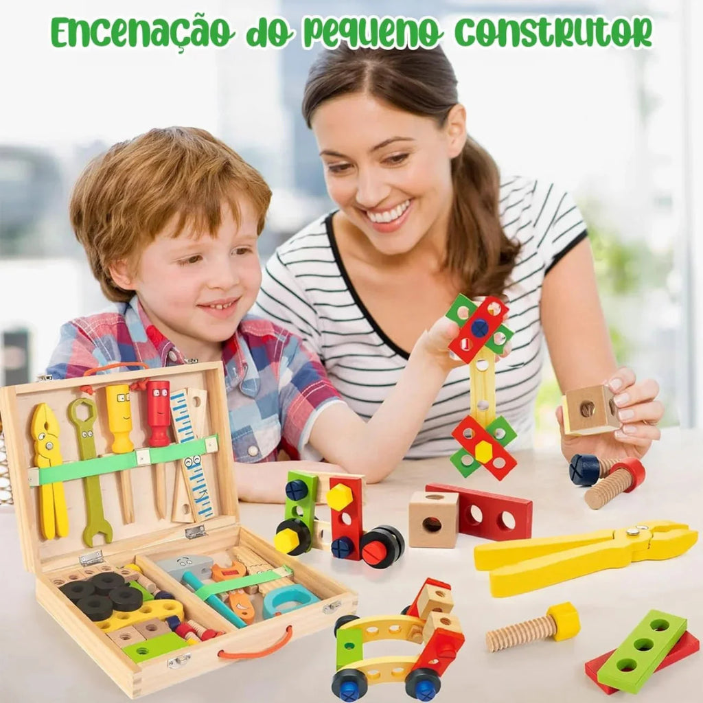 Caixa de Ferramentas Infantil Brinquedo Montessori 34 Peças em Madeira