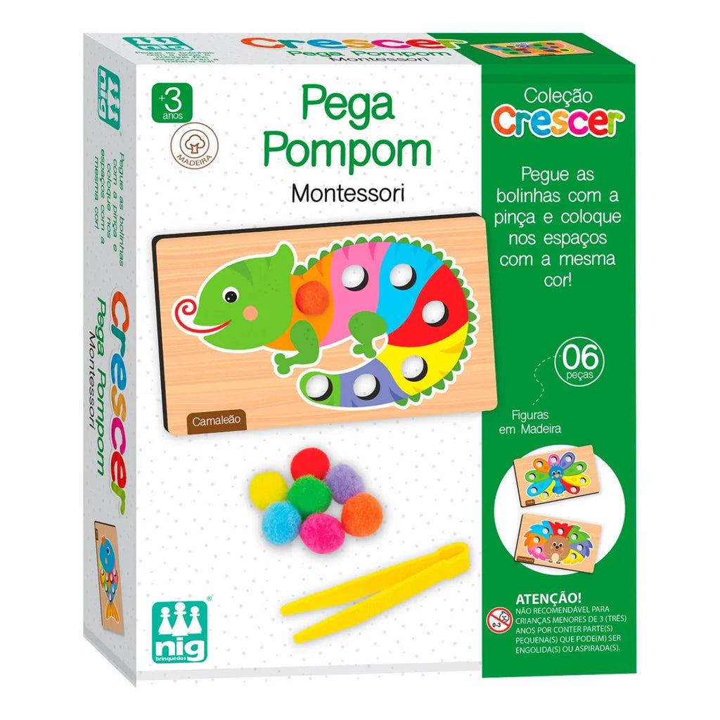 Brinquedo Pega Pompom de Madeira – Estímulo à Coordenação Motora e Cores 63 Peças