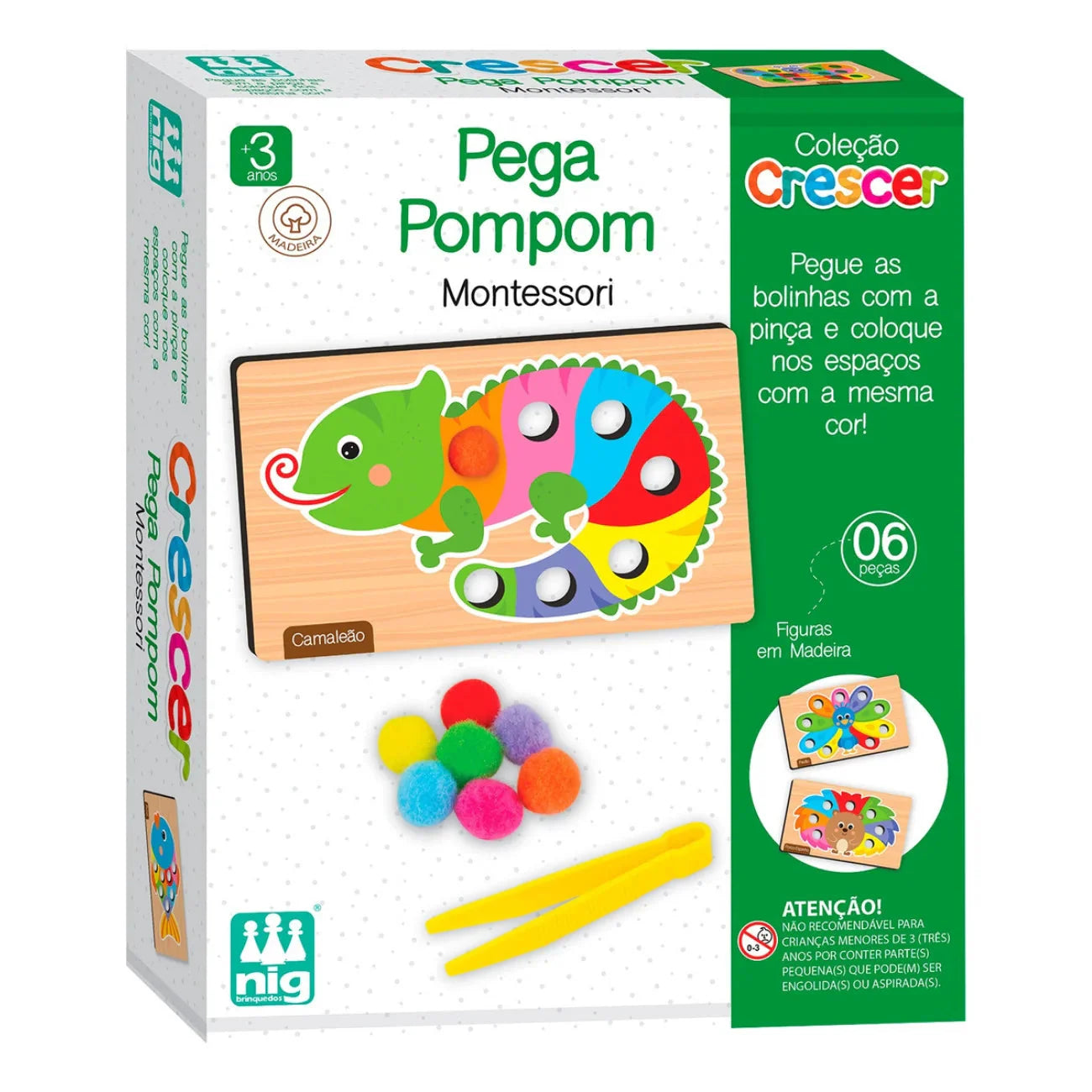 Brinquedo Pega Pompom de Madeira – Estímulo à Coordenação Motora e Cores 63 Peças