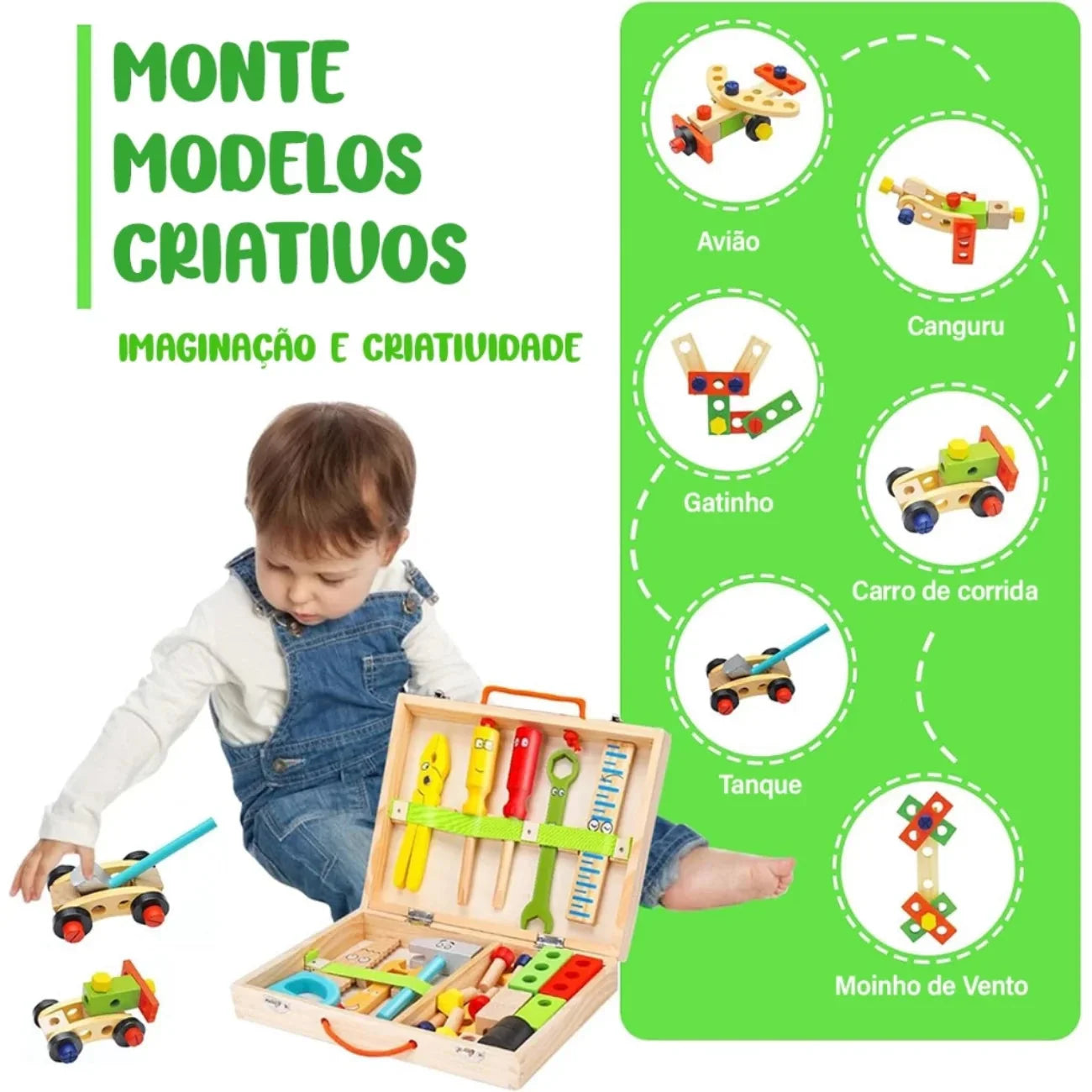 Caixa de Ferramentas Infantil Brinquedo Montessori 34 Peças em Madeira