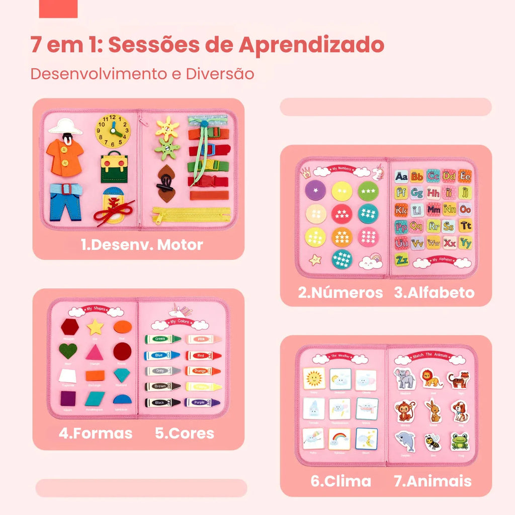 Livro Interativo Infantil Sensorial de Feltro Quiet Book 7 em 1 Montessori