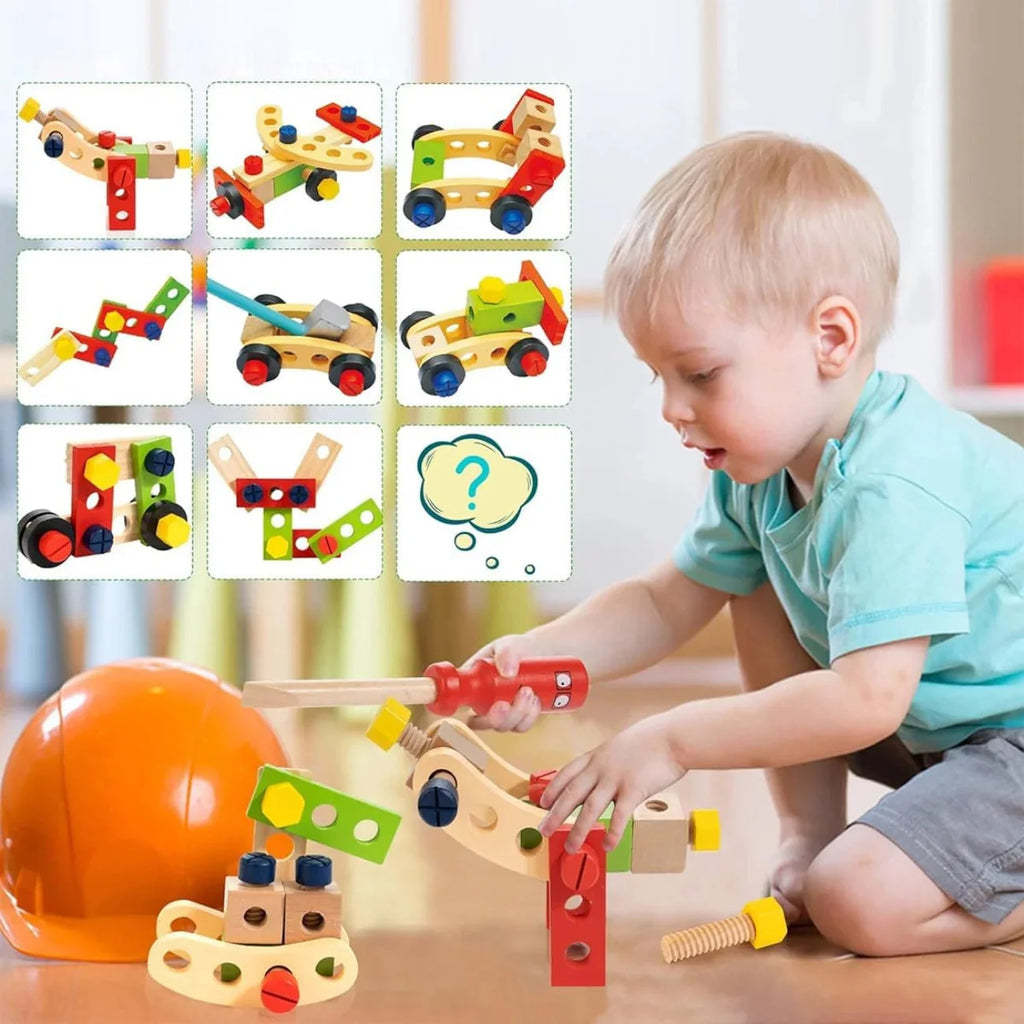 Caixa de Ferramentas Infantil Brinquedo Montessori 34 Peças em Madeira