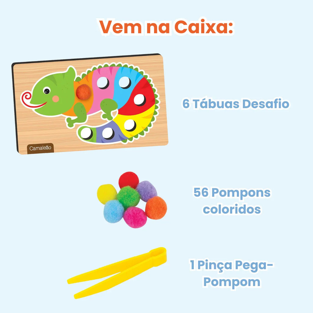 Brinquedo Pega Pompom de Madeira – Estímulo à Coordenação Motora e Cores 63 Peças