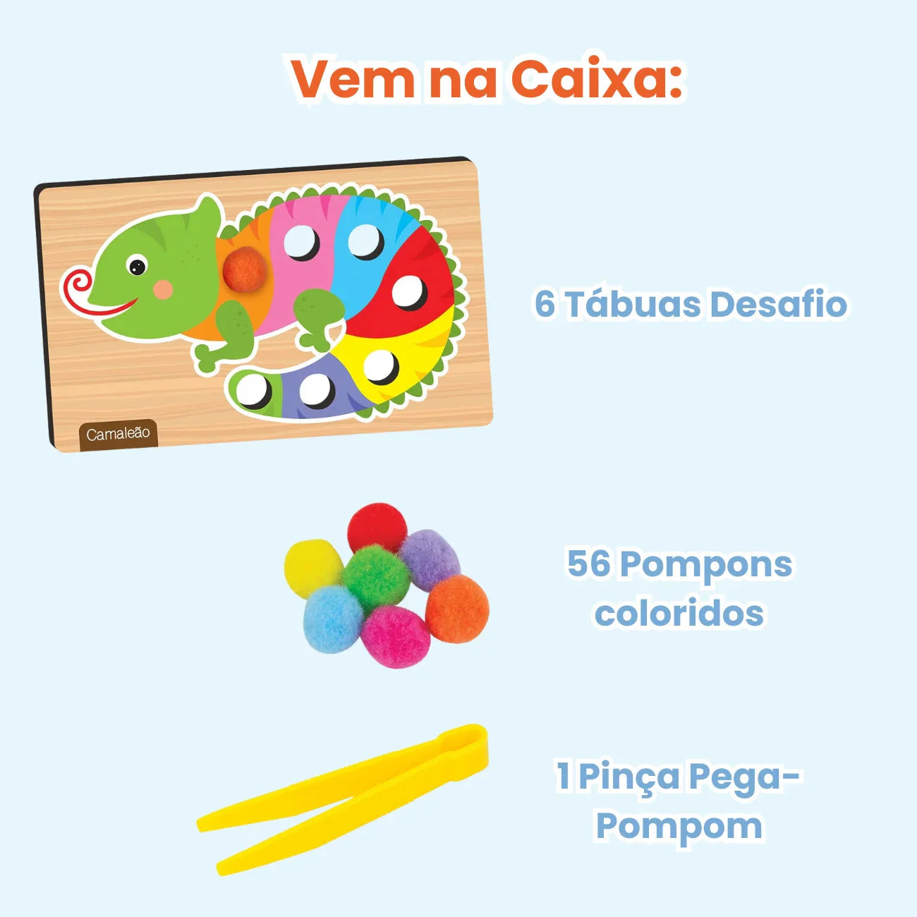 Brinquedo Pega Pompom de Madeira – Estímulo à Coordenação Motora e Cores 63 Peças