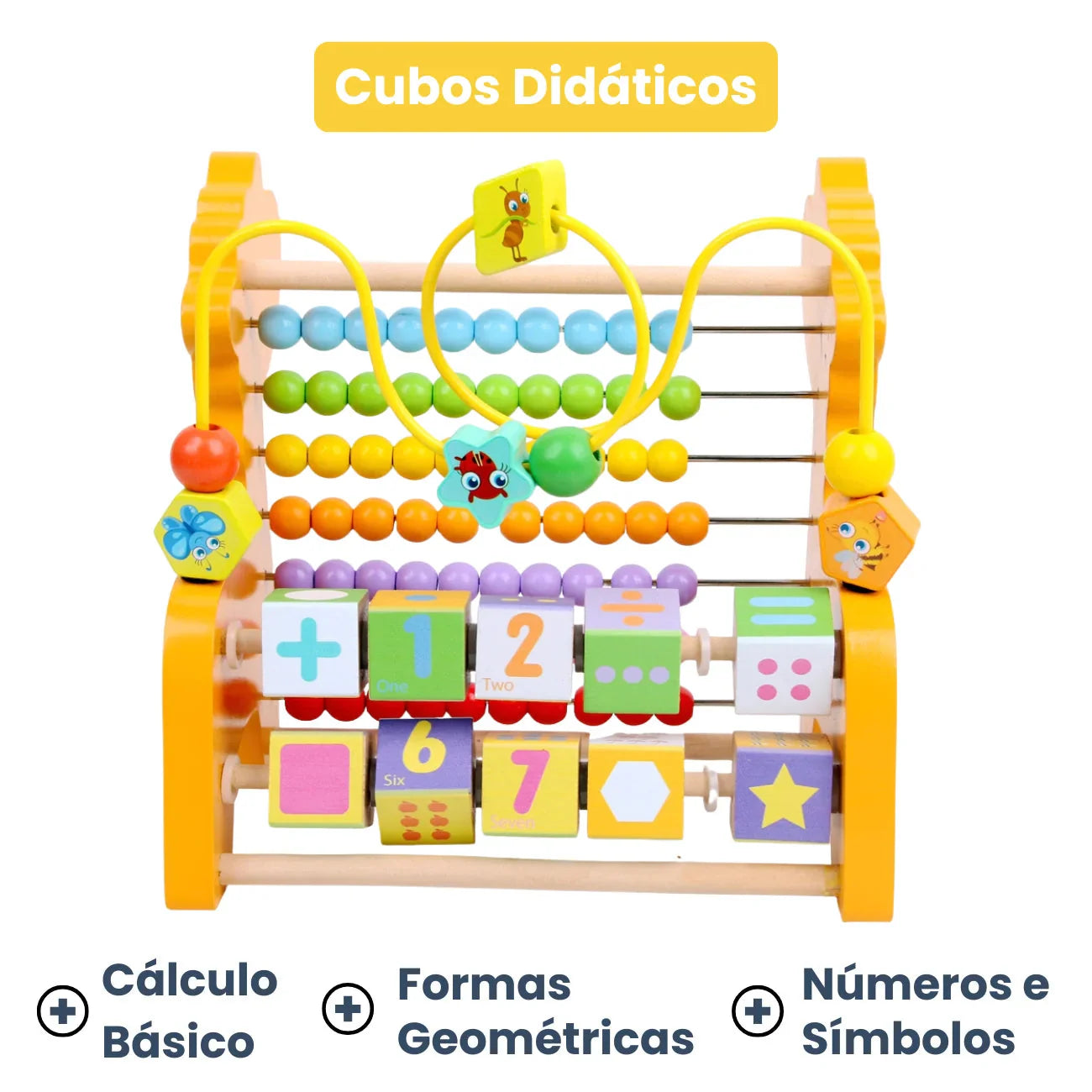 Brinquedo Educativo 3 em 1 Montessori: Ábaco Colorido, Aramado e Cubos Didáticos