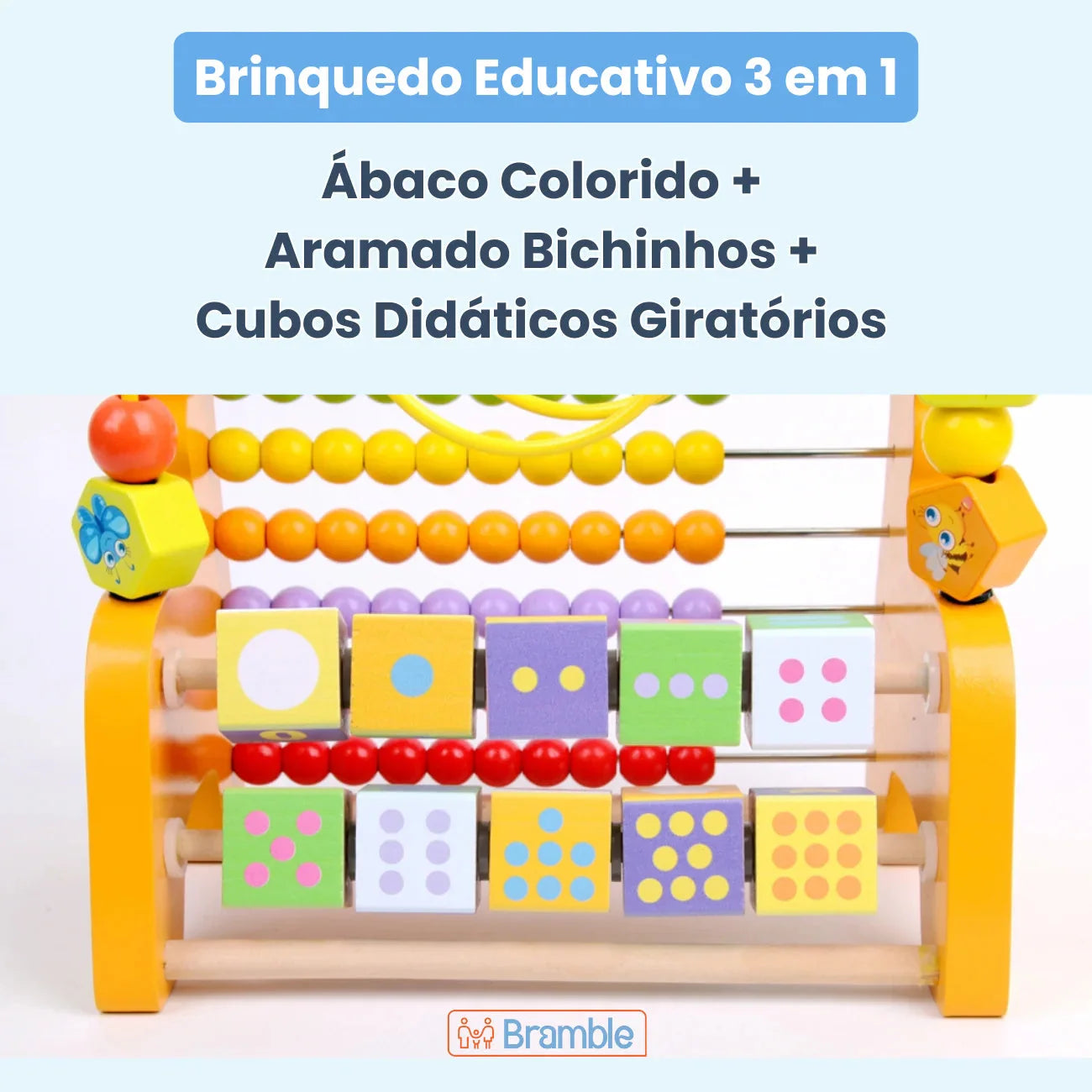 Brinquedo Educativo 3 em 1 Montessori: Ábaco Colorido, Aramado e Cubos Didáticos