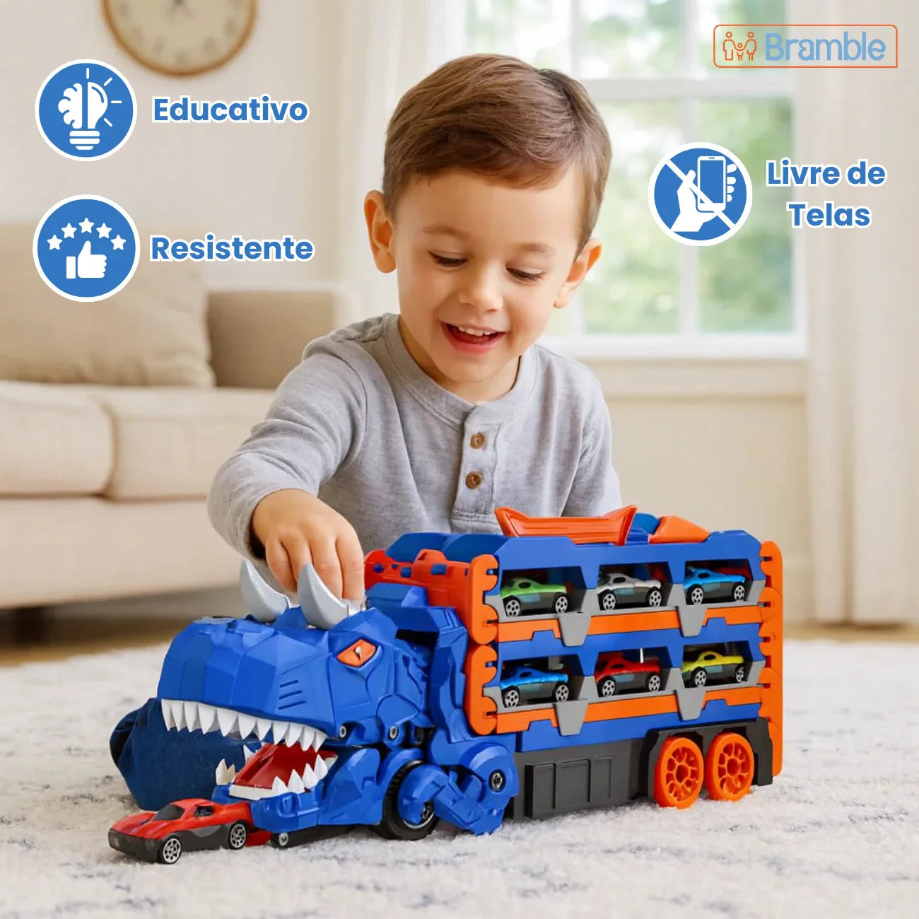 Caminhão Cegonha Brinquedo Dinossauro REX Devorador com Pista de Lançamento 3 em 1