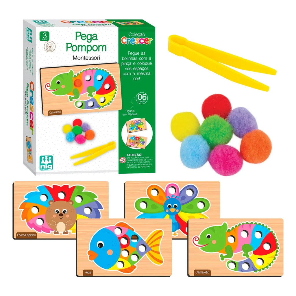 Brinquedo Pega Pompom de Madeira – Estímulo à Coordenação Motora e Cores 63 Peças