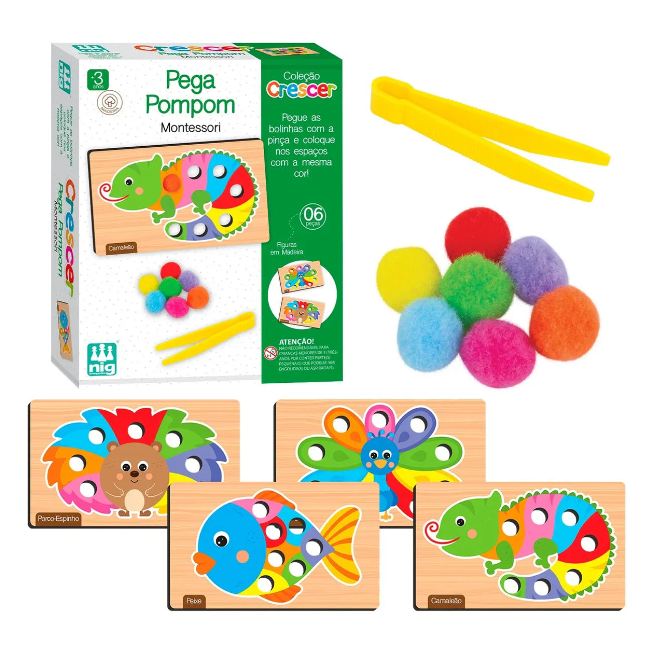 Brinquedo Pega Pompom de Madeira – Estímulo à Coordenação Motora e Cores 63 Peças