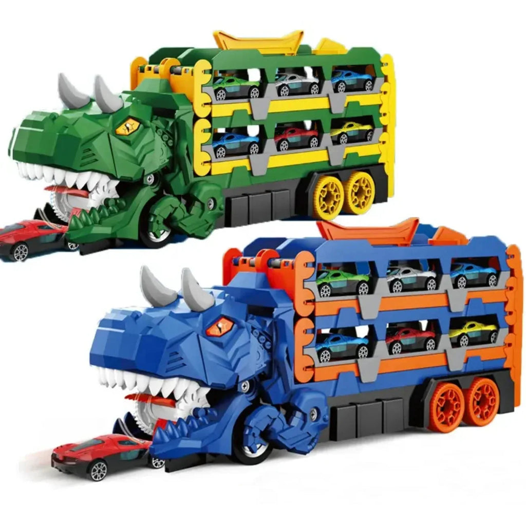 Caminhão Cegonha Brinquedo Dinossauro REX Devorador com Pista de Lançamento 3 em 1