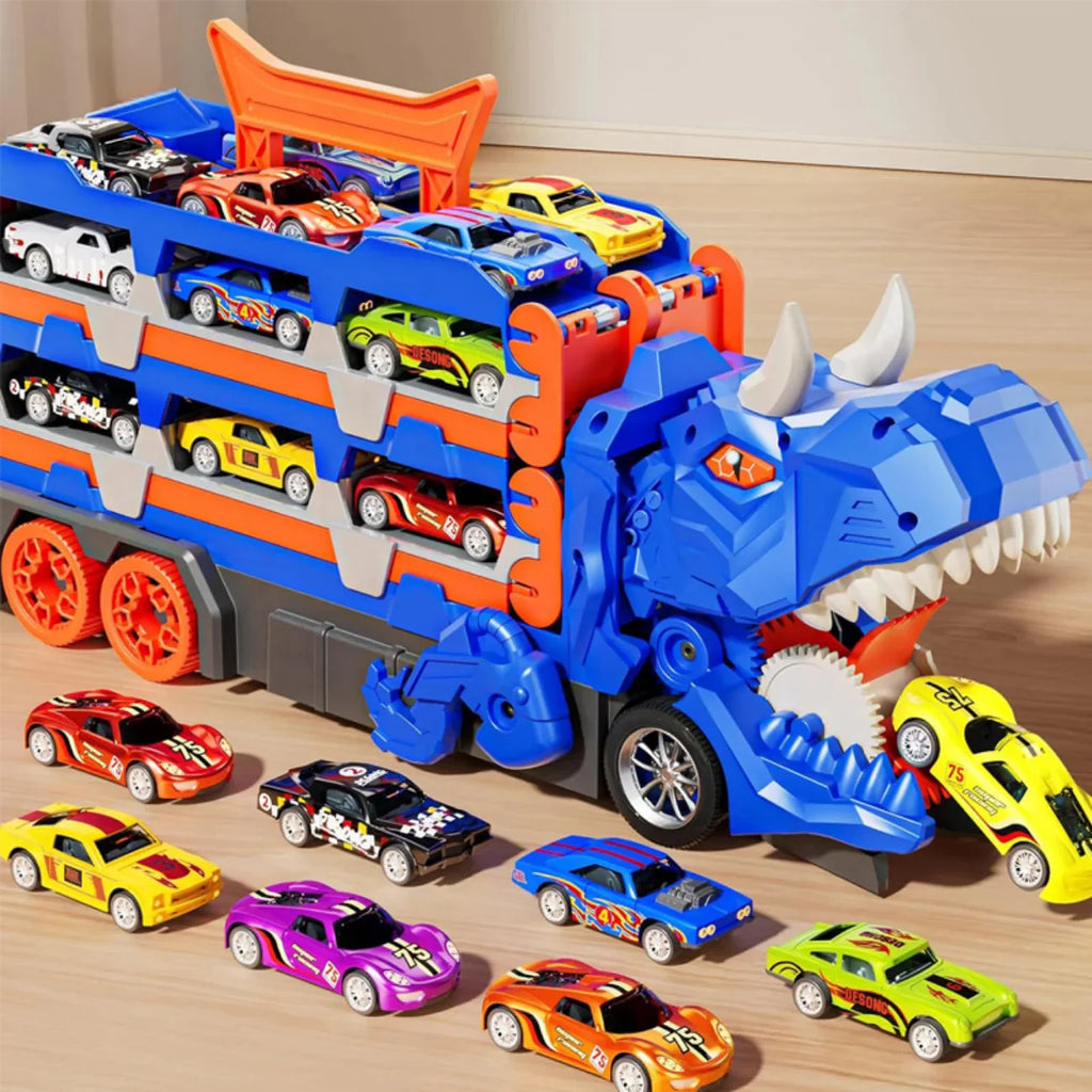 Caminhão Cegonha Brinquedo Dinossauro REX Devorador com Pista de Lançamento 3 em 1