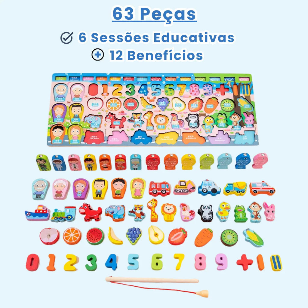 Brinquedo Tabuleiro Pedagógico Montessori 63 Peças em Madeira