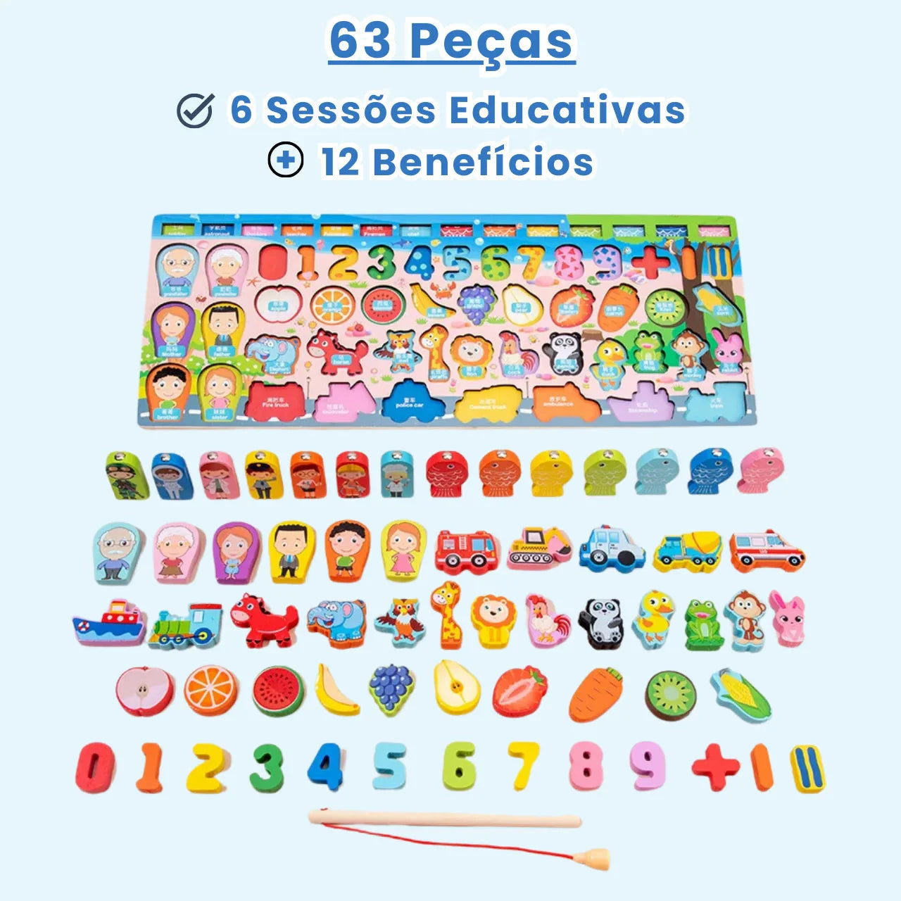 Brinquedo Tabuleiro Pedagógico Montessori 63 Peças em Madeira