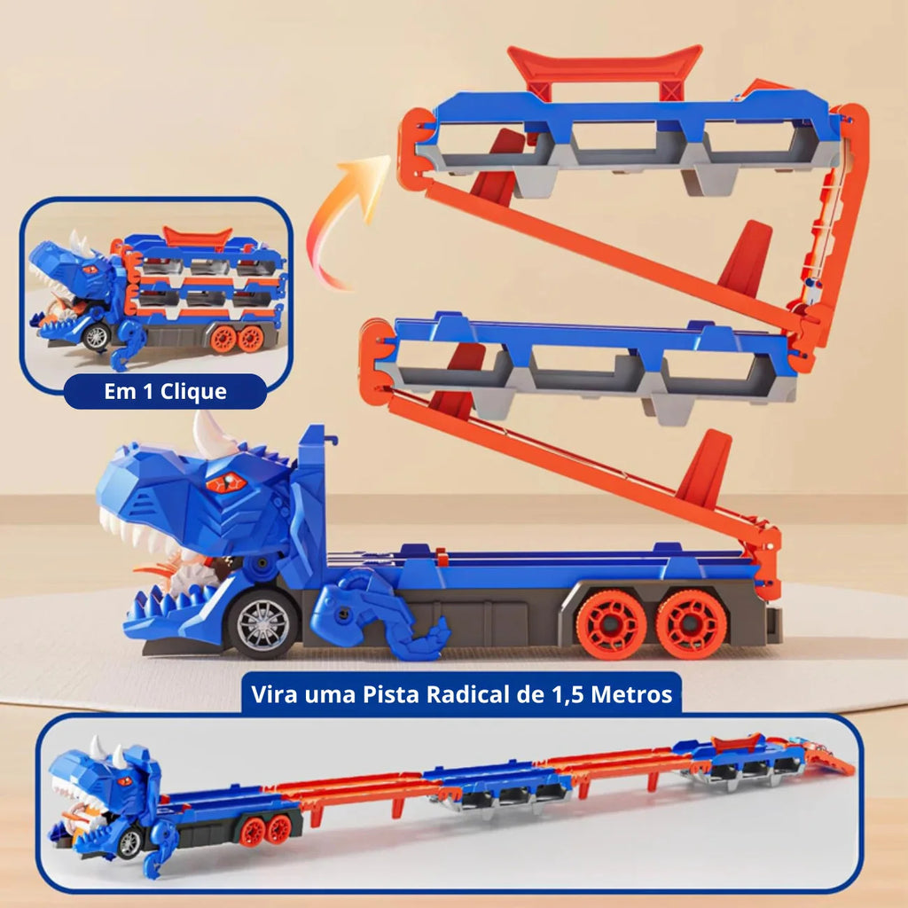 Caminhão Cegonha Brinquedo Dinossauro REX Devorador com Pista de Lançamento 3 em 1