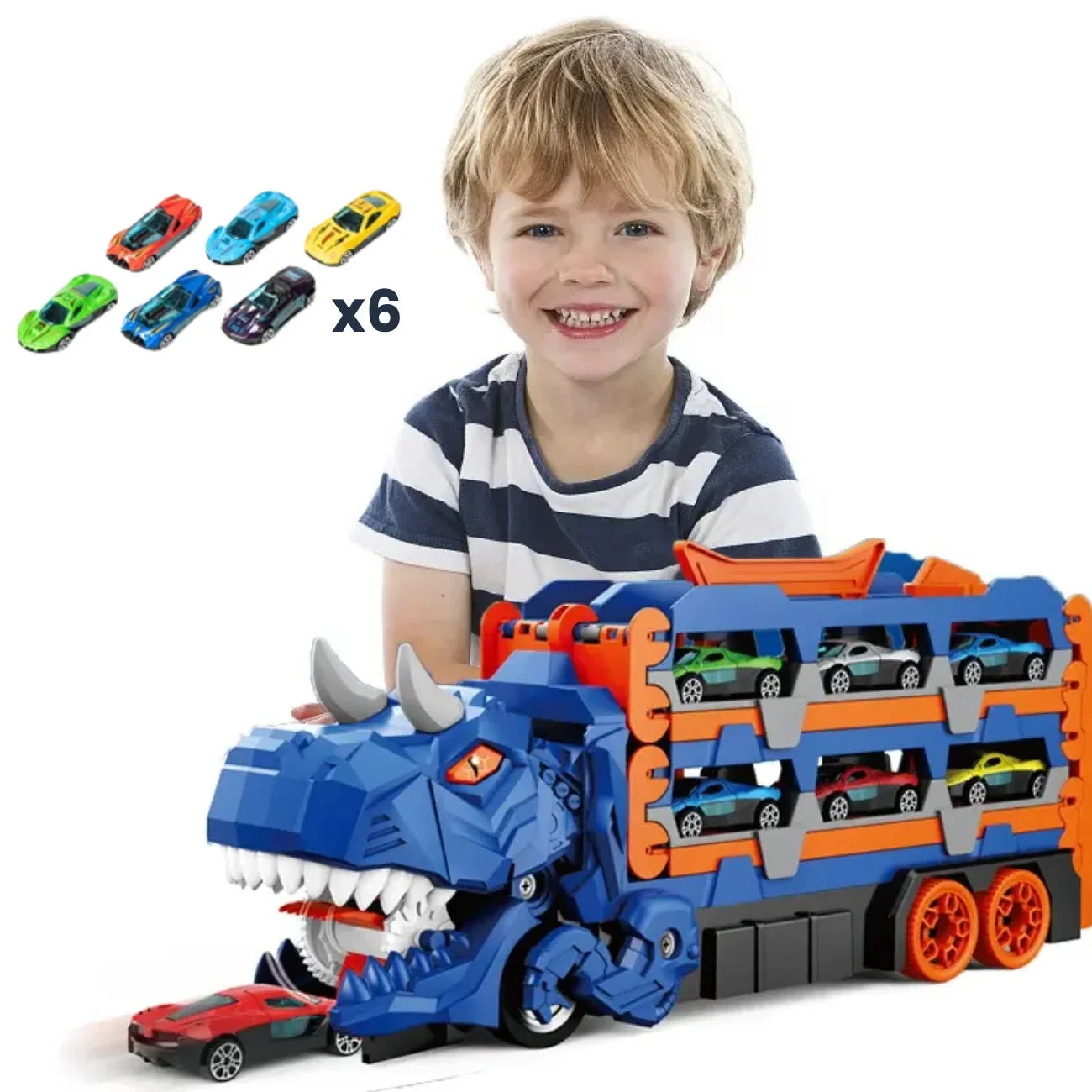 Caminhão Cegonha Brinquedo Dinossauro REX Devorador com Pista de Lançamento 3 em 1