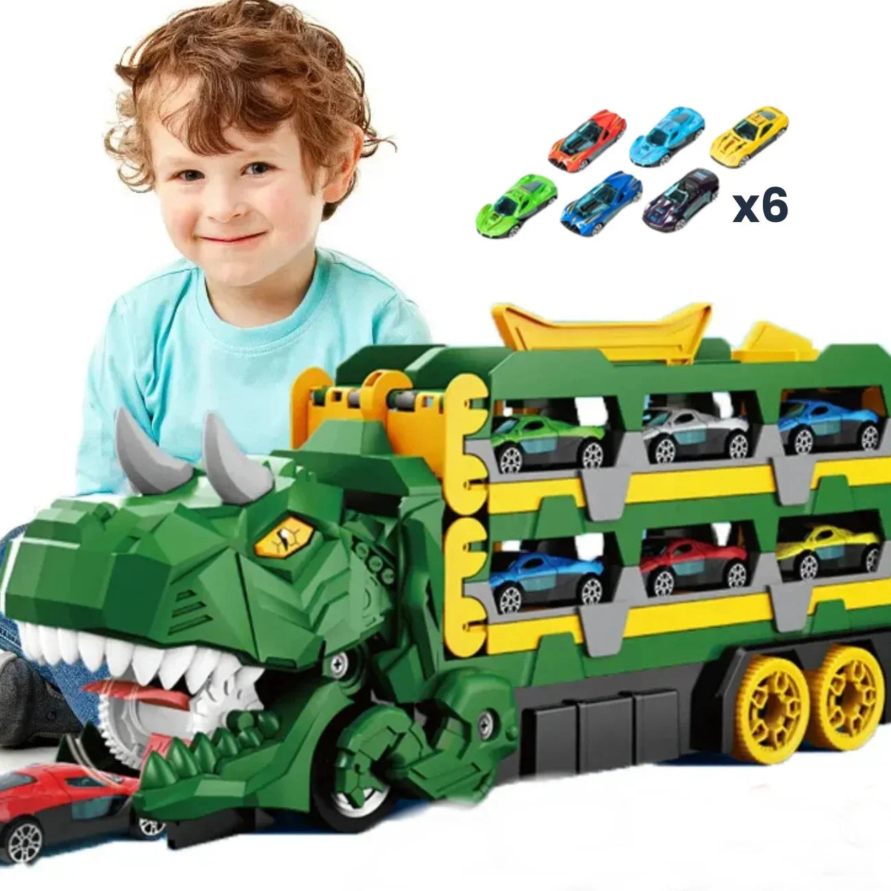 Caminhão Cegonha Brinquedo Dinossauro REX Devorador com Pista de Lançamento 3 em 1